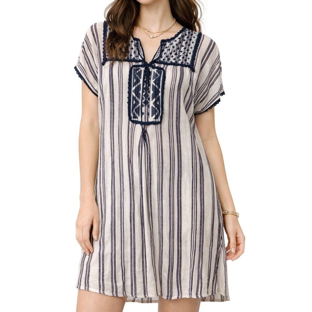 Moda International Linen Silk Embroidered Shift Dress M Striped Boho‎ Bohemian